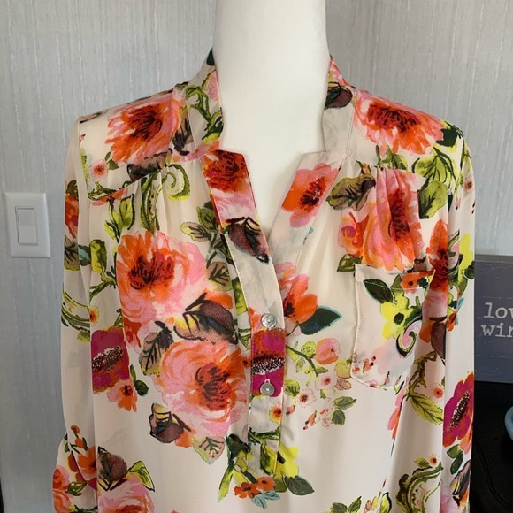 Sheer floral print 3/4 sleeves notchet keyhole - Picture 4 of 10